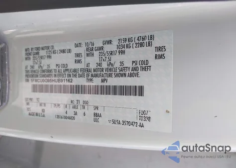 2017 Ford Escape Se z USA, uszkodzony, nr VIN 1FMCU0G95HUB91162